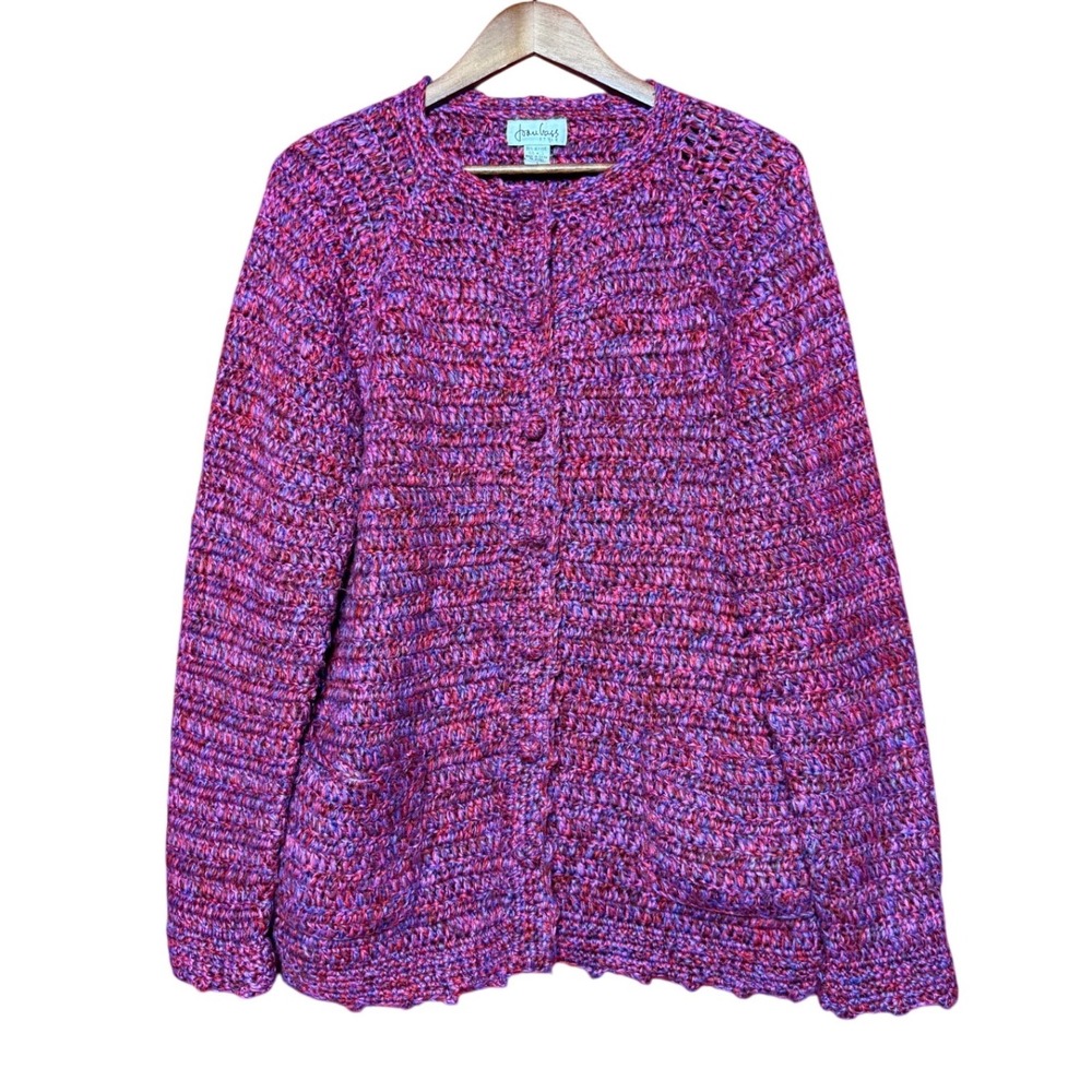 Joan Vass Style Cardigan Women Large Purple Pink Excellent Chunky Knit Button Up